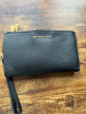 Michael Kors Black Leather Wristlet with Gold Logo